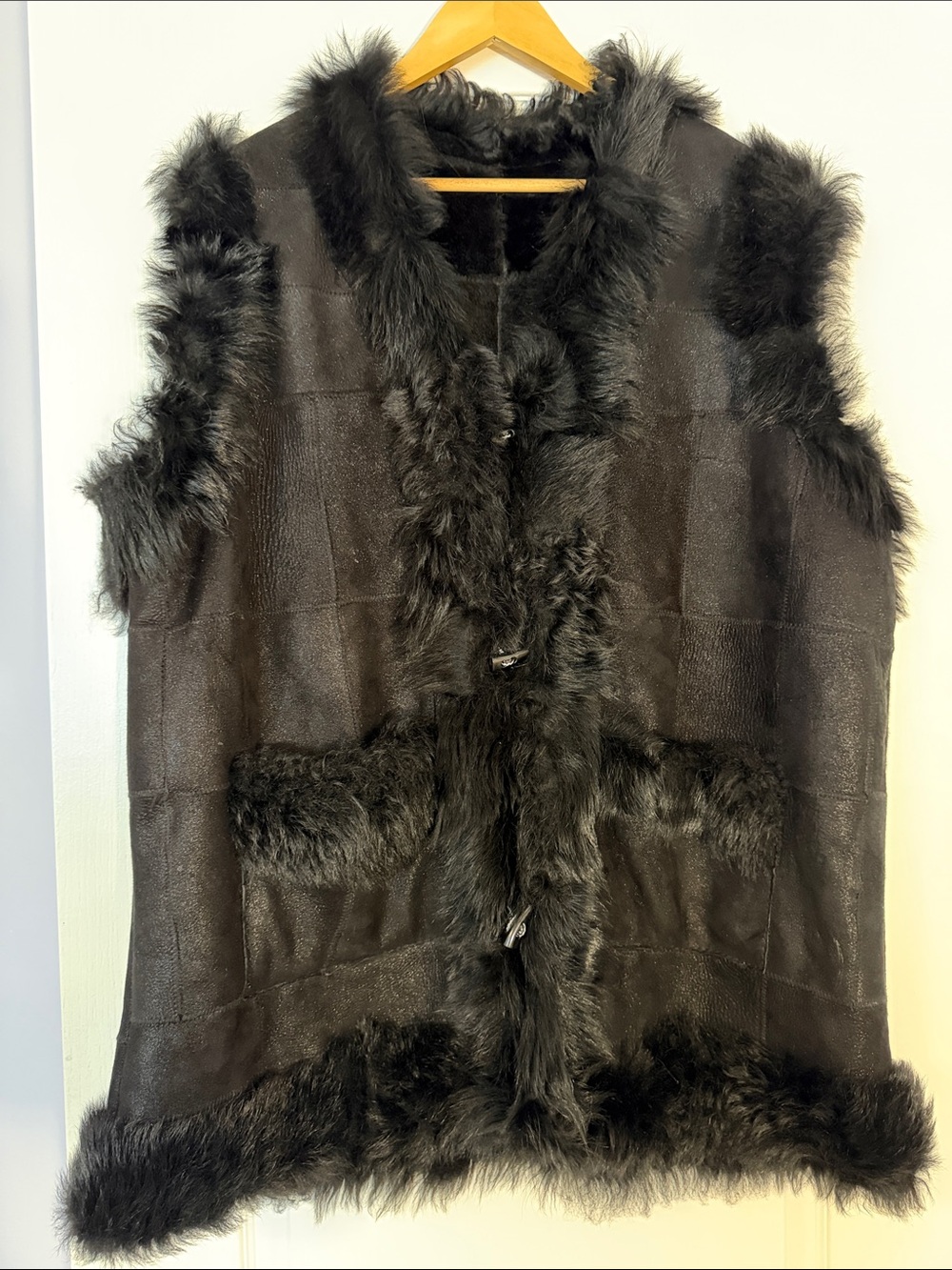 Real Shearling Fur Patchwork Vest Black Boho Penny Lane Western XL 1XL